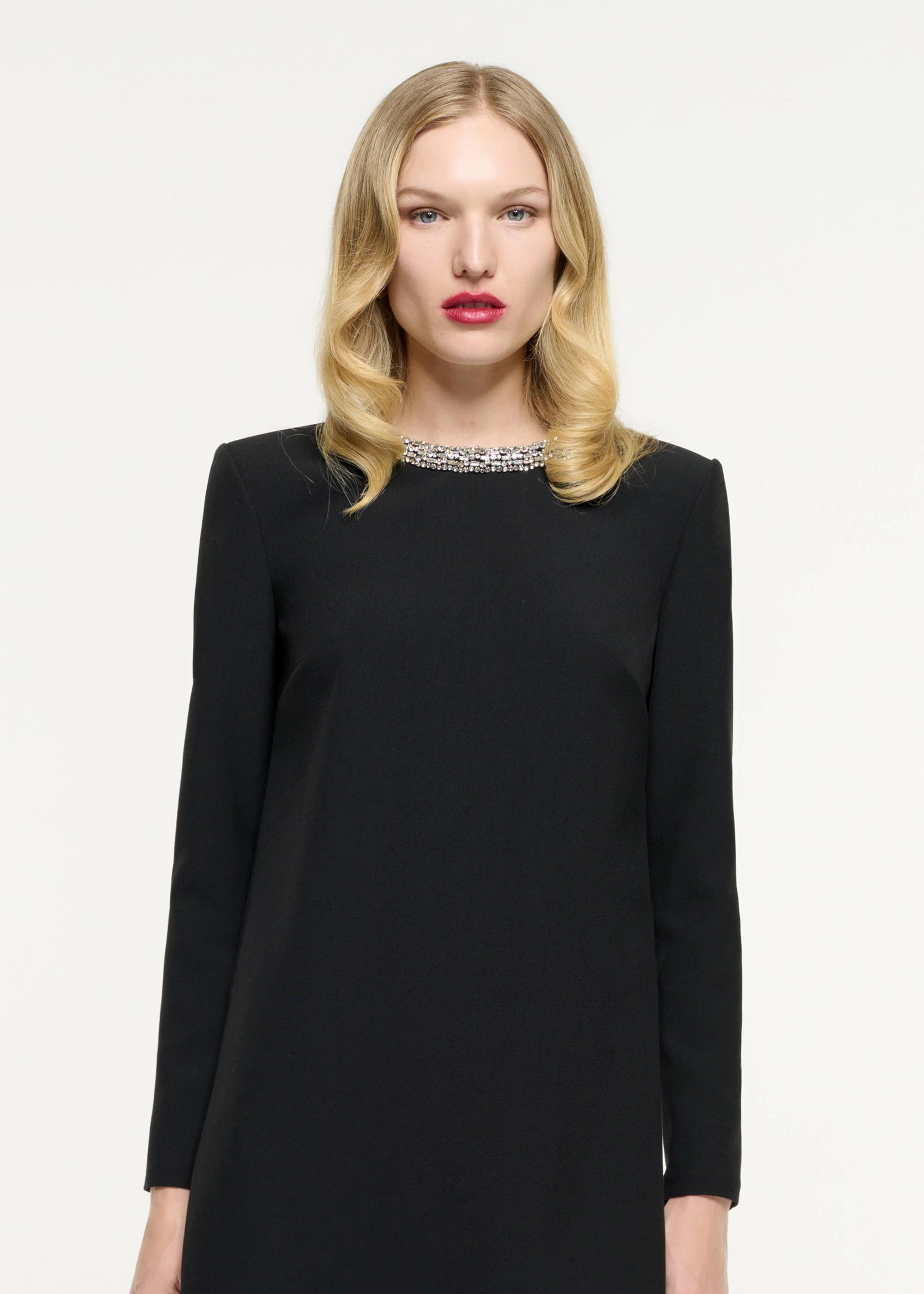 Long Sleeve Embellished Crepe Mini Dress - Image 4