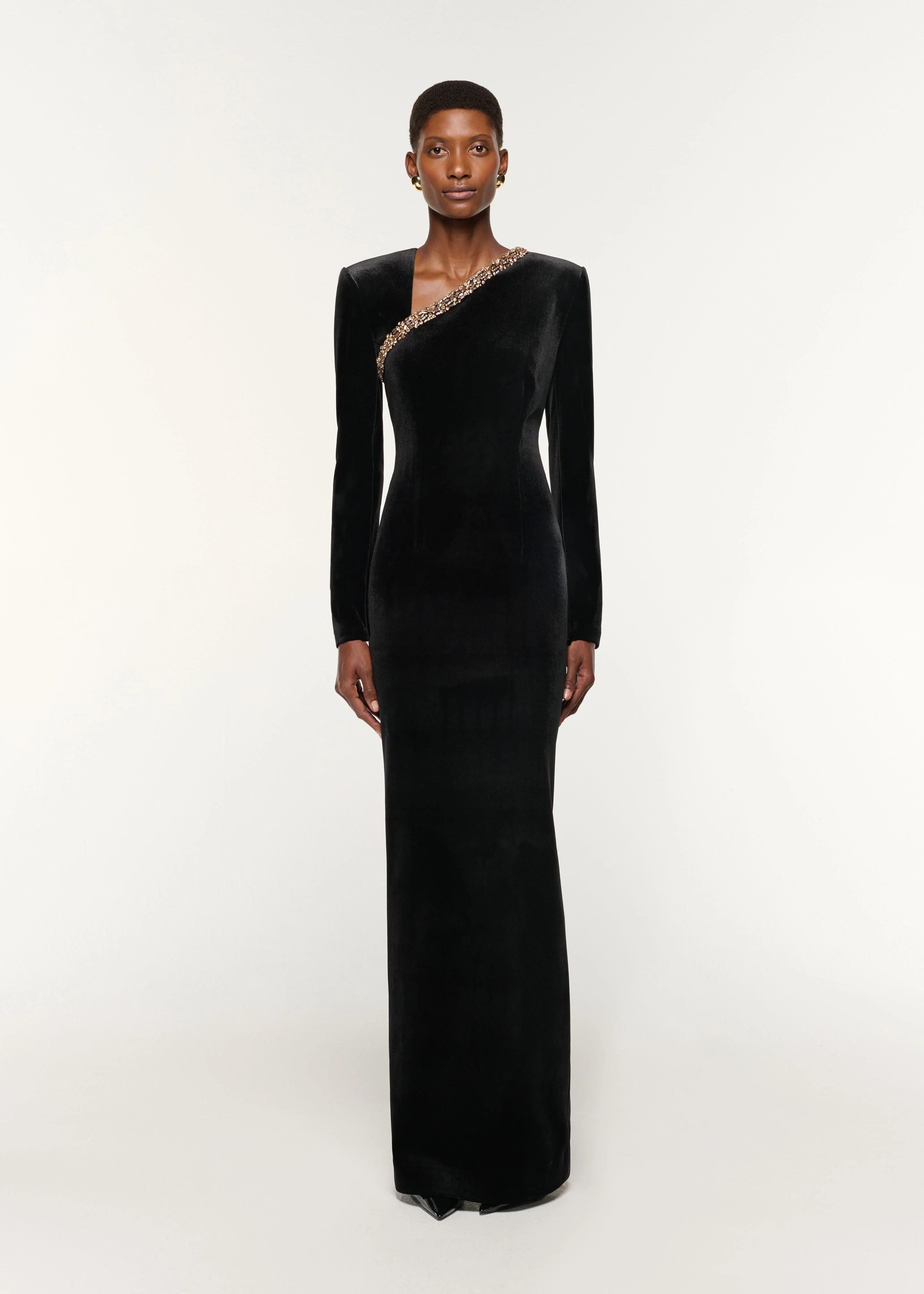 Long Sleeve Embellished Velvet Gown