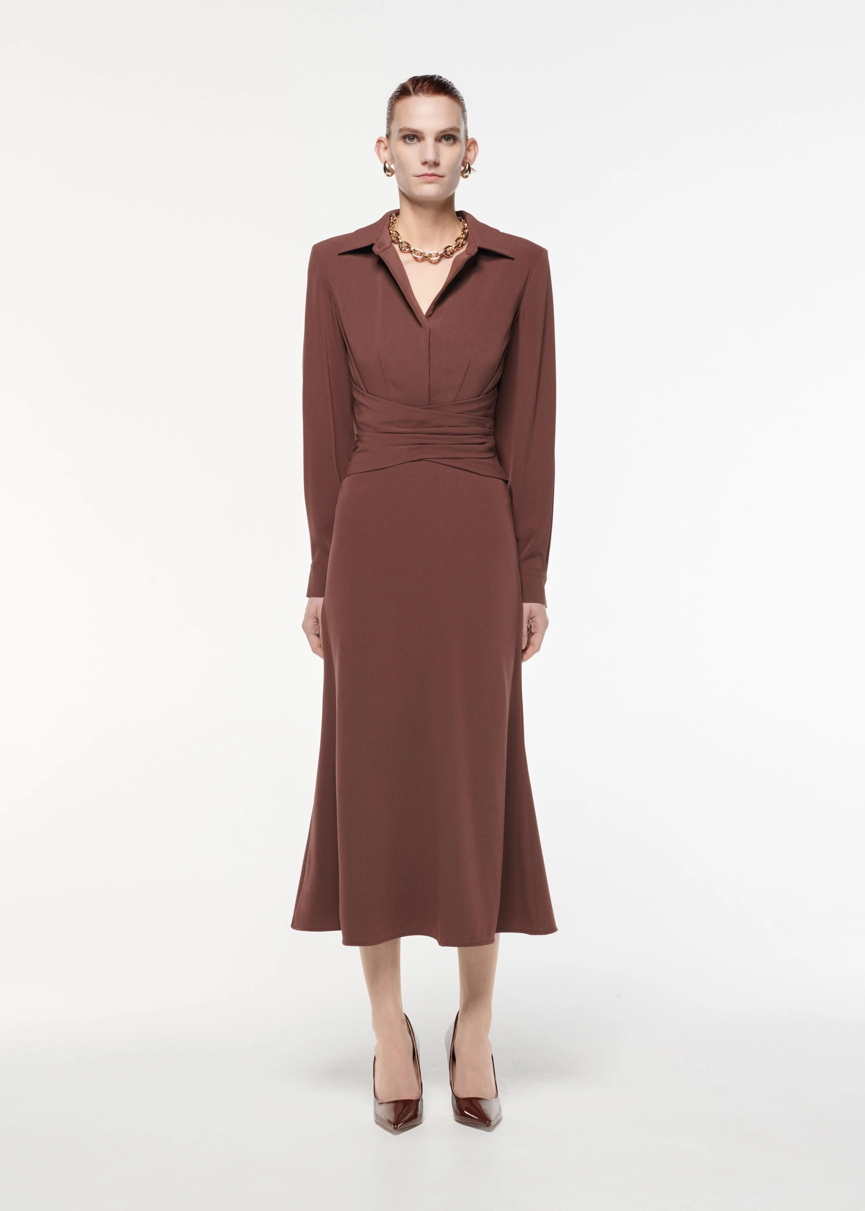 Satin Crepe Collar Midi Dress