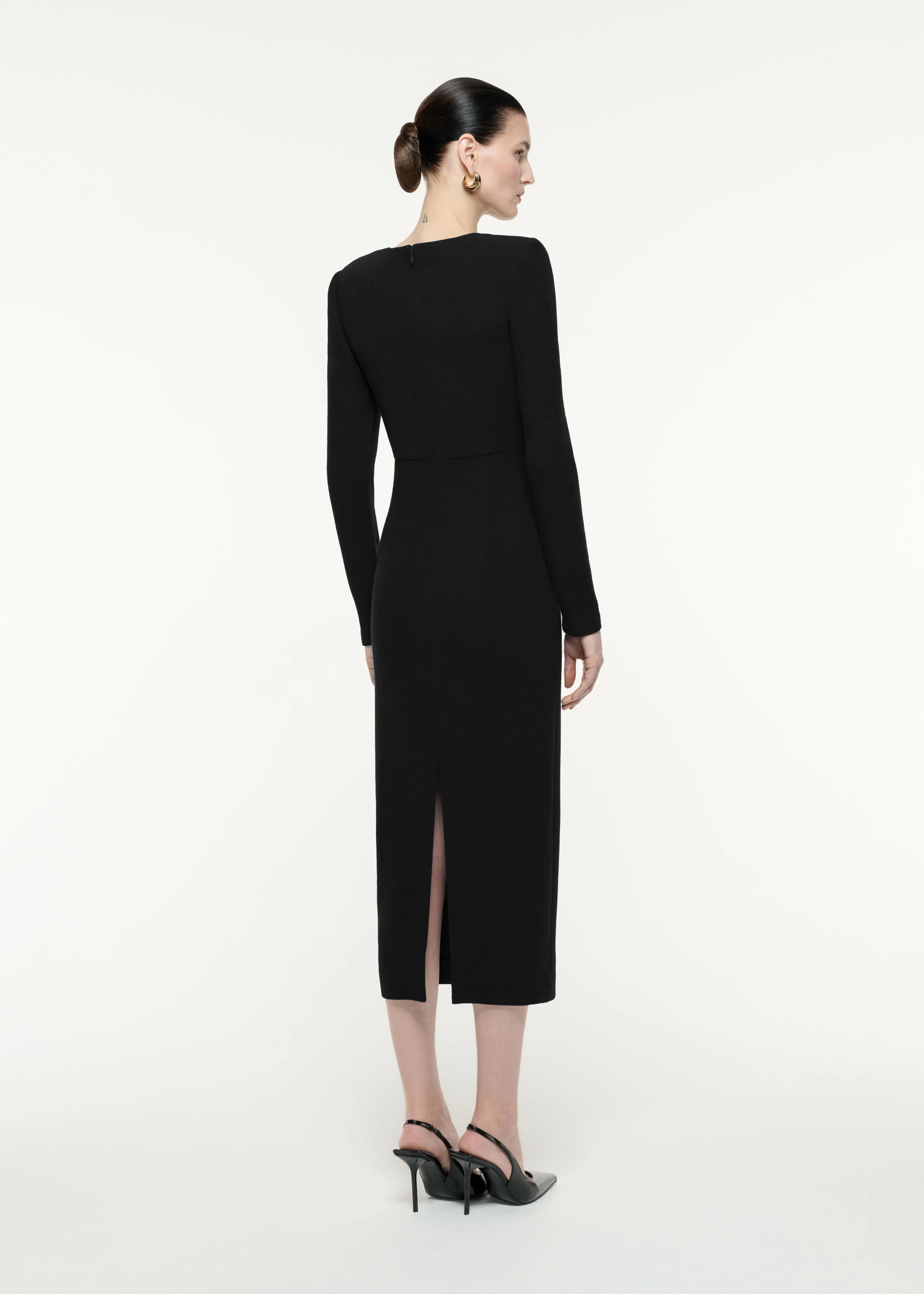 Long Sleeve Wool Crepe Midi Dress - Image 3