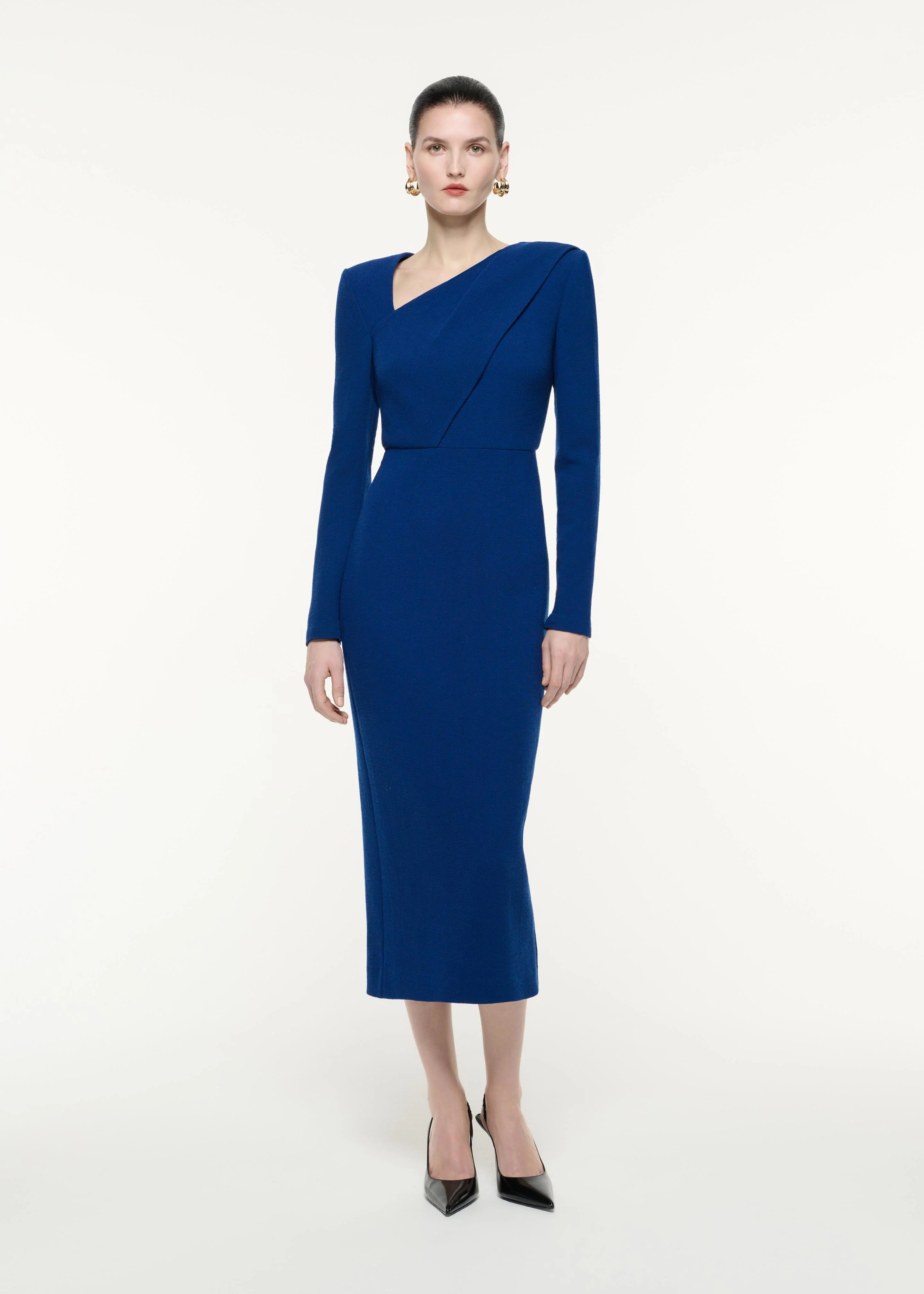 Long Sleeve Wool Crepe Midi Dress