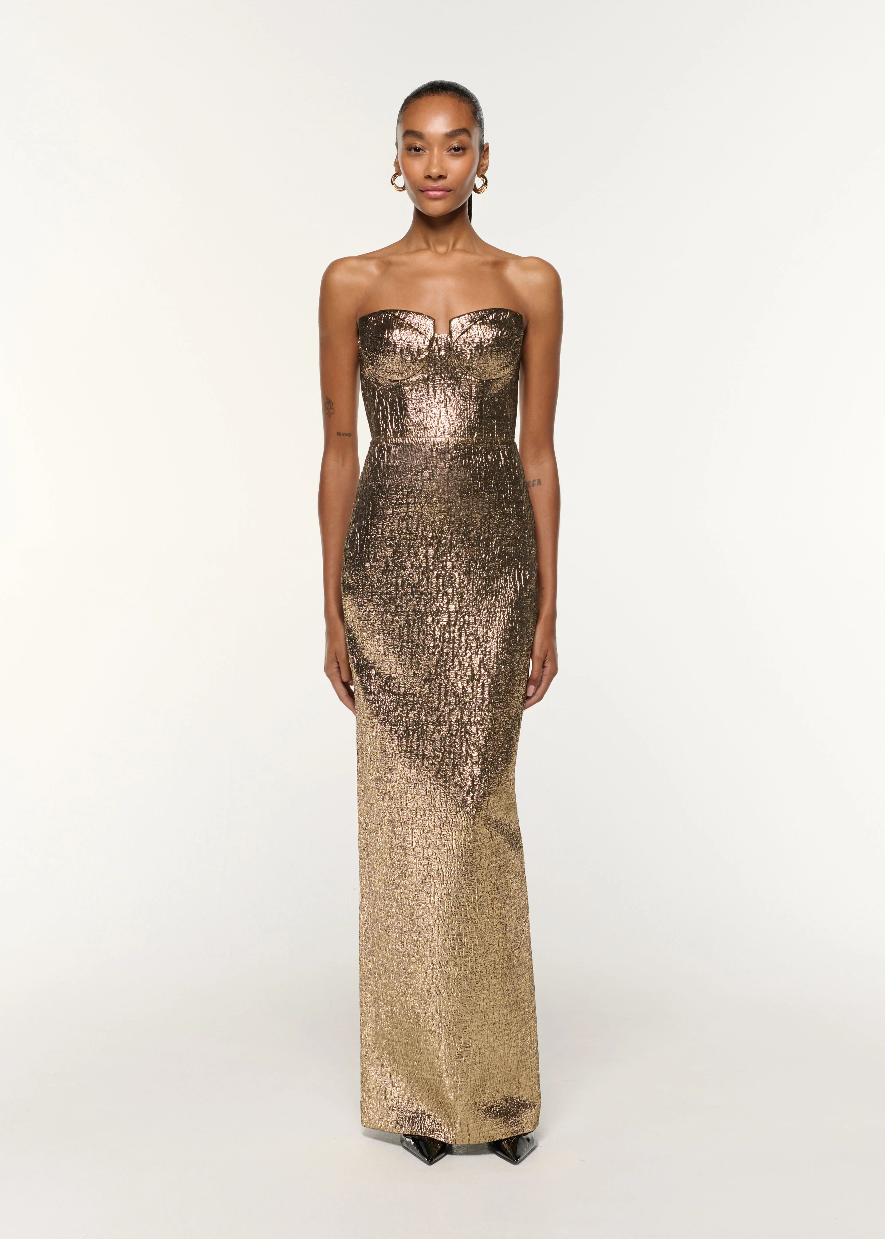Pleated Bust Metallic Jacquard Gown