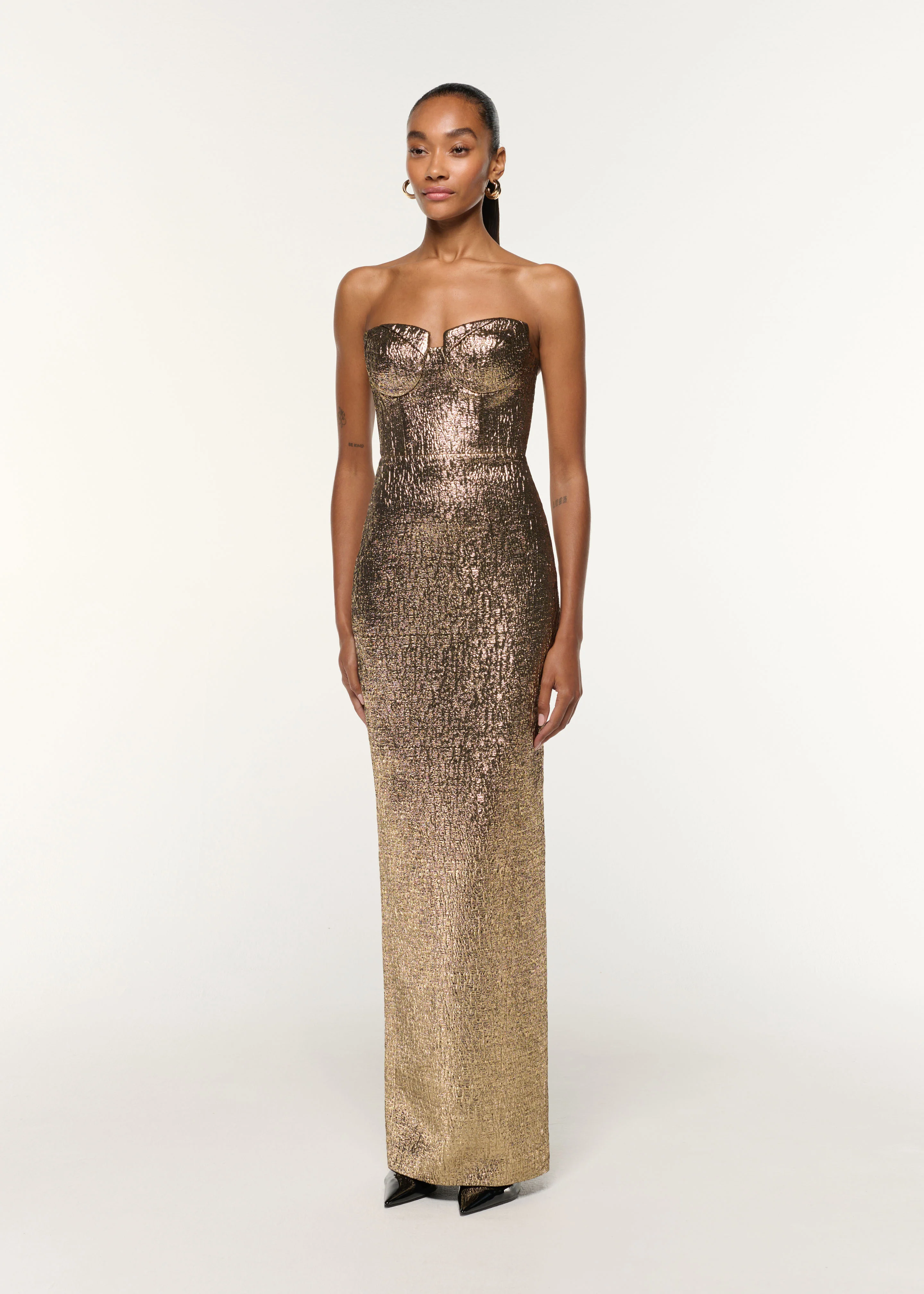 Pleated Bust Metallic Jacquard Gown - Image 2