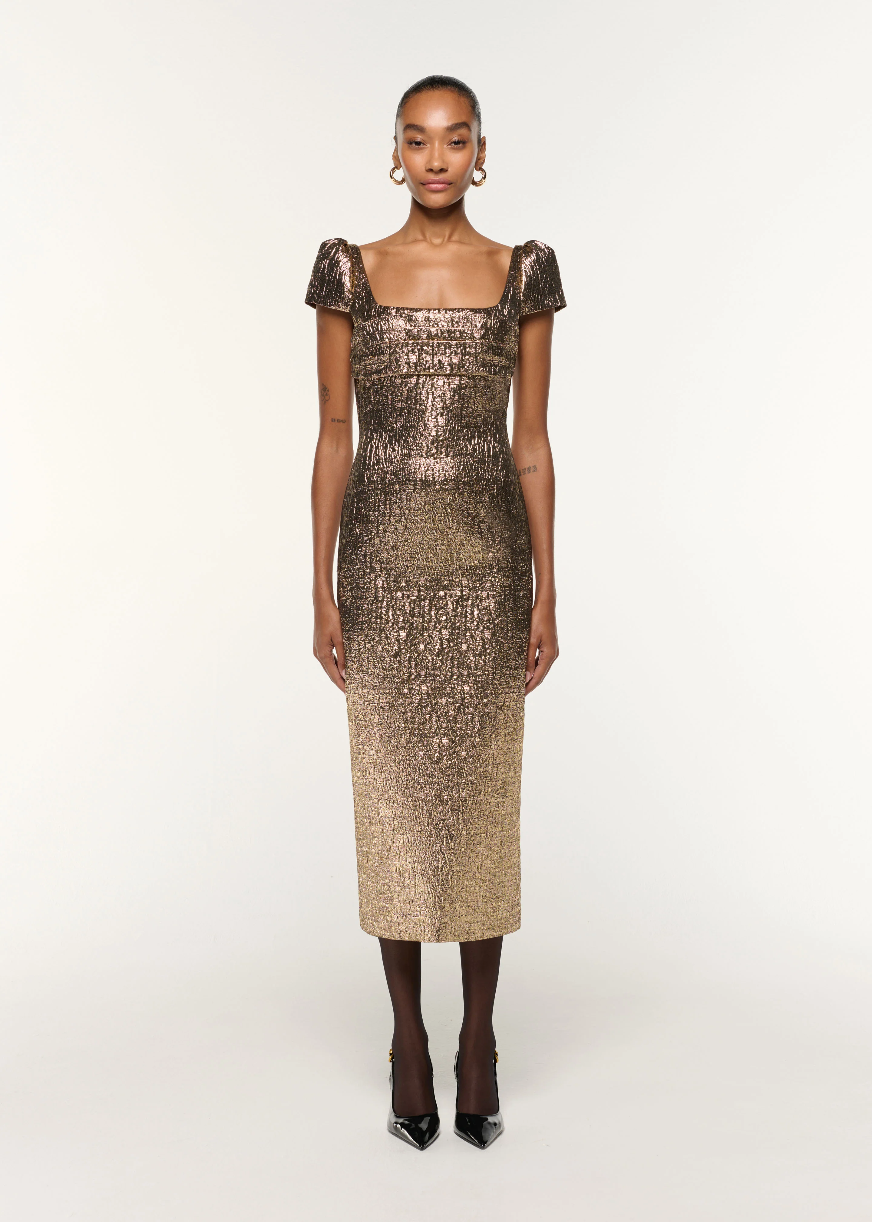 Pleated Drape Metallic Jacquard Dress