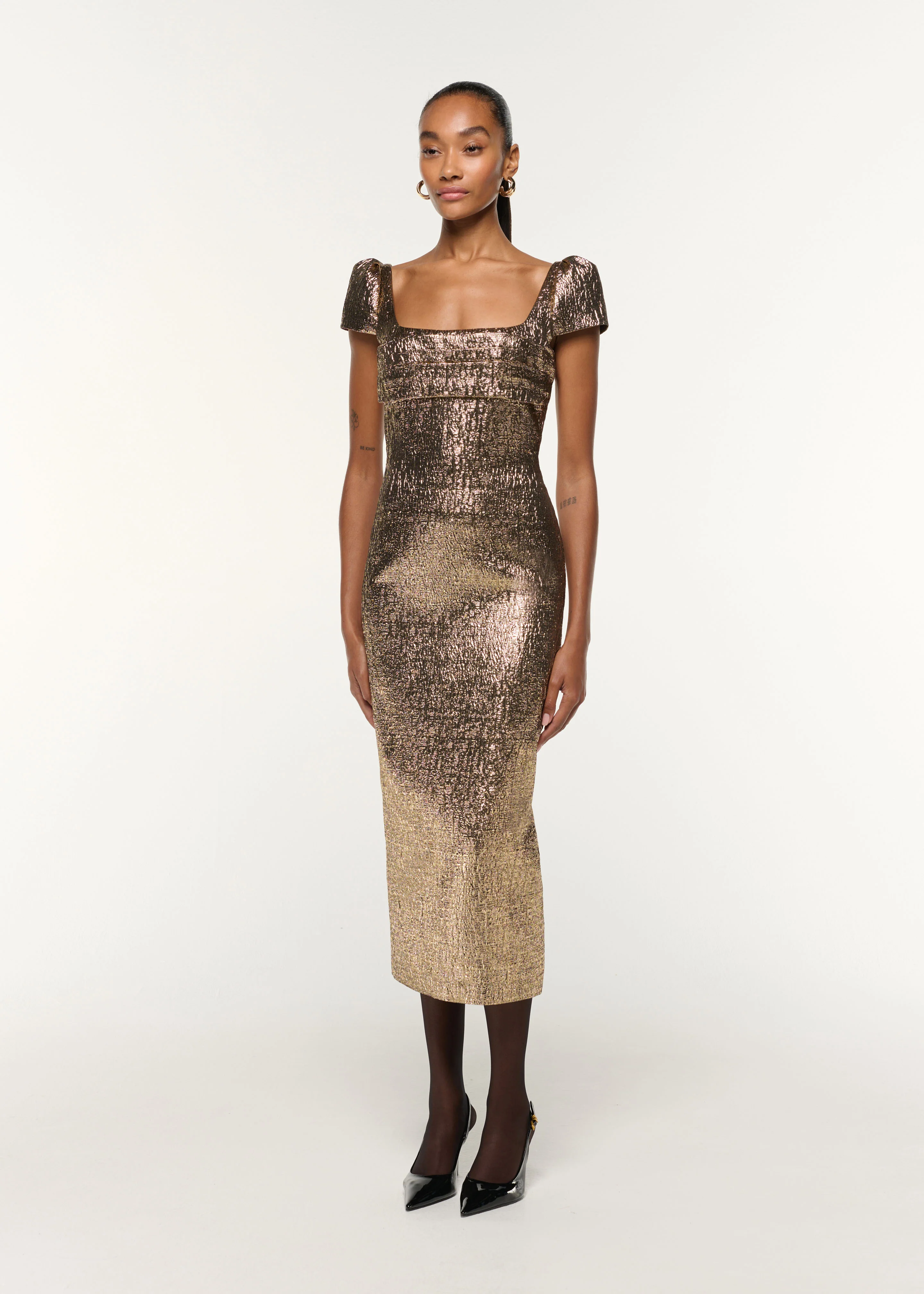 Pleated Drape Metallic Jacquard Dress - Image 2
