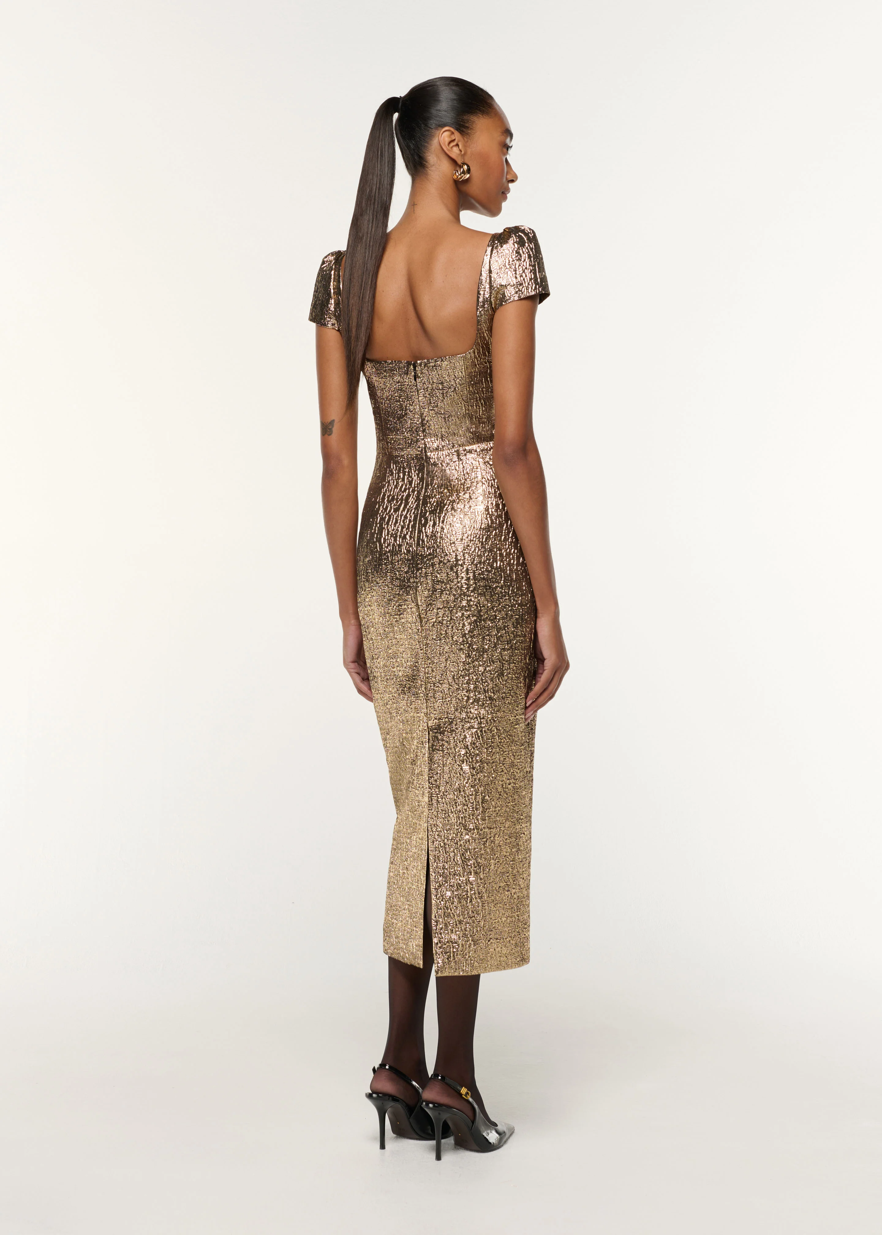 Pleated Drape Metallic Jacquard Dress - Image 3