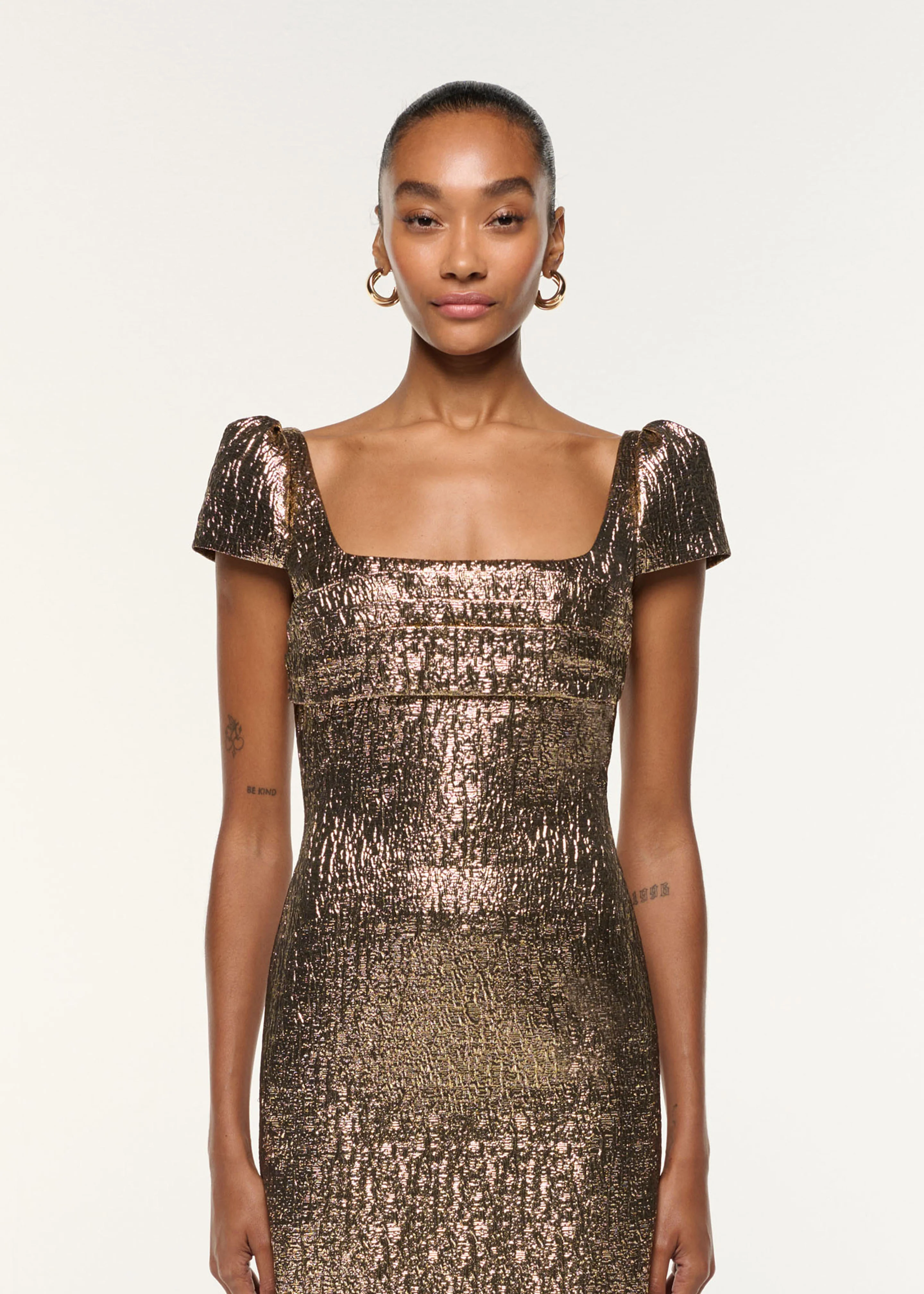 Pleated Drape Metallic Jacquard Dress - Image 4