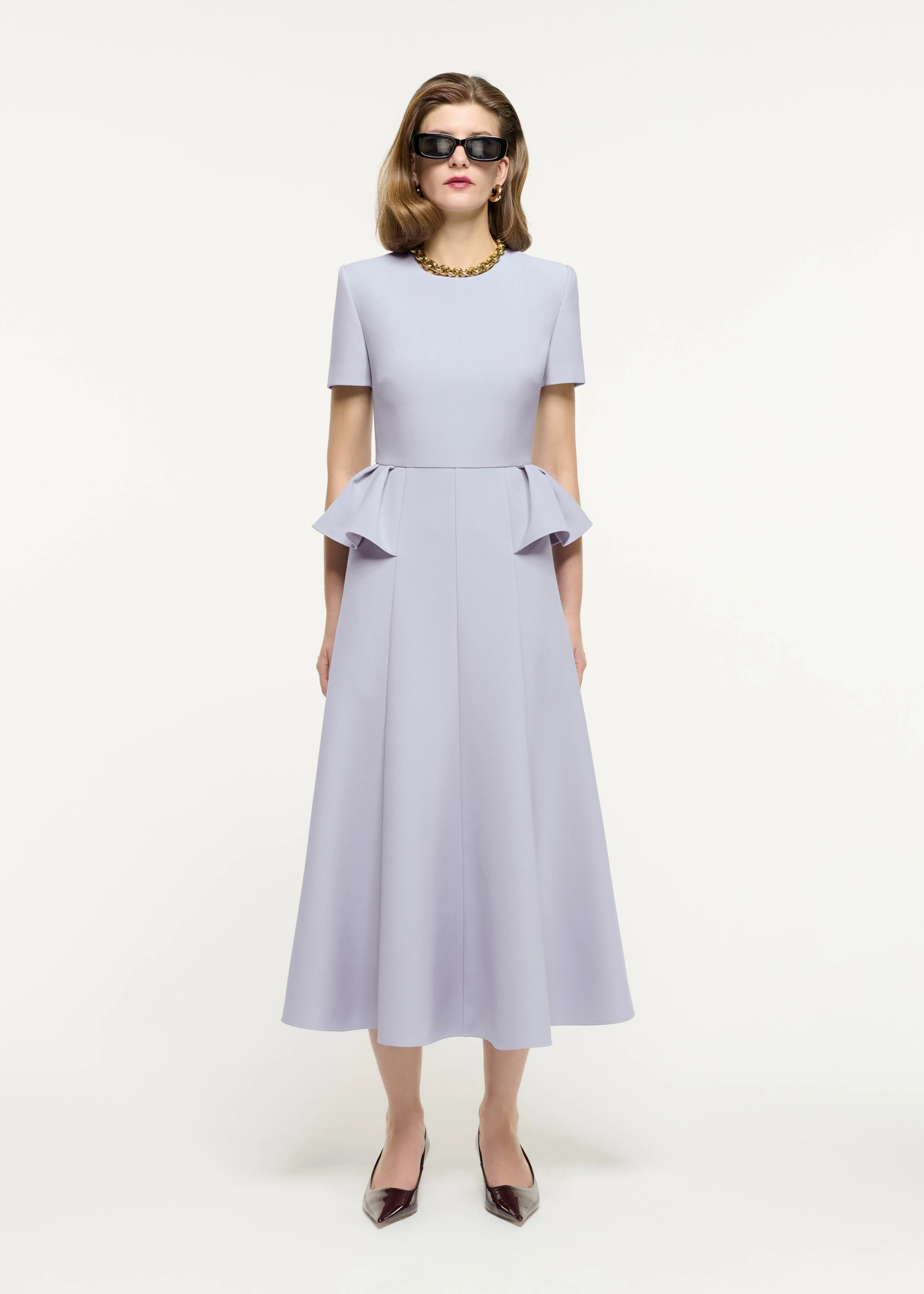 Short Sleeve Peplum Crepe Midi Dress