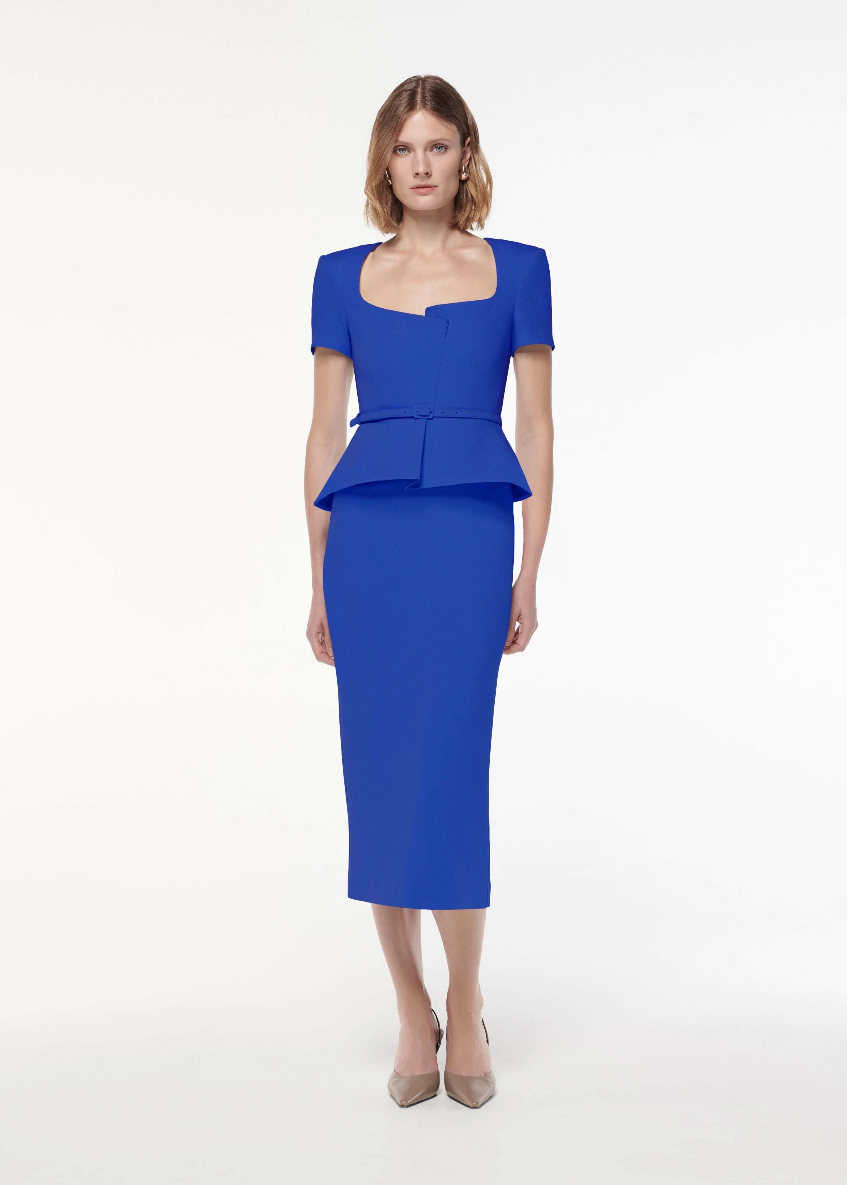 Short Sleeve Peplum Wool Silk Midi Dress