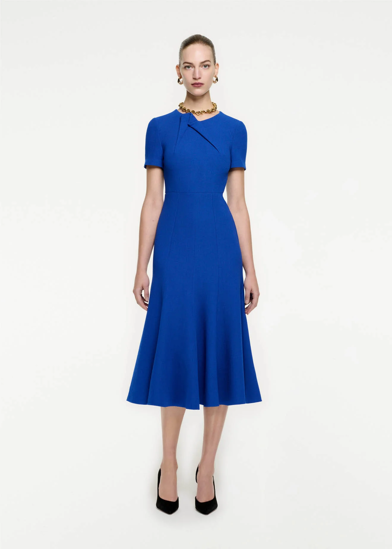 Short Sleeve Wool Crepe Midi Dress
