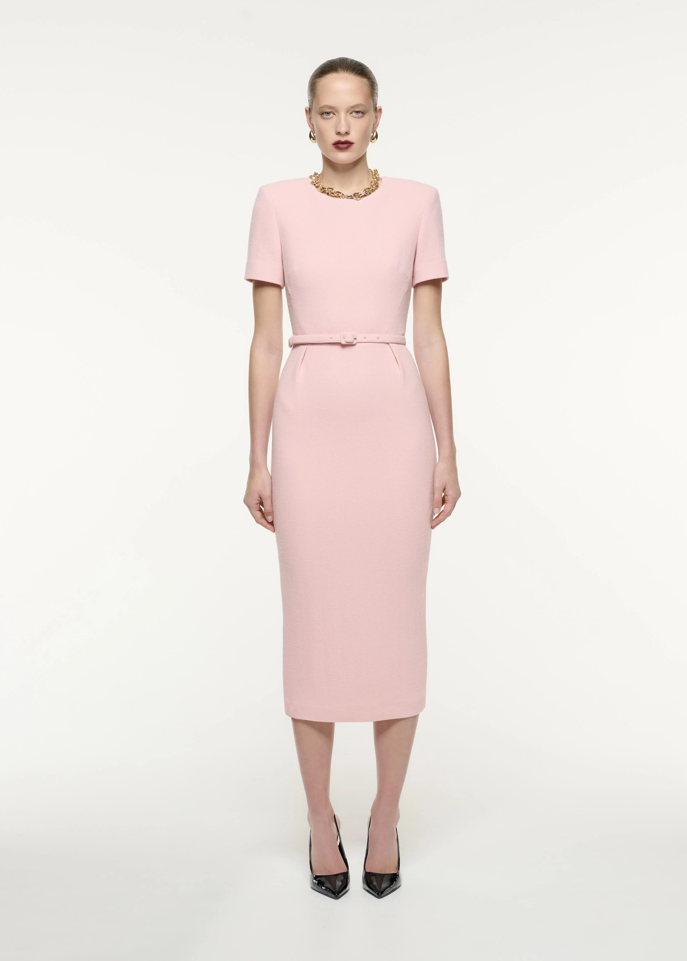 Short Sleeve Wool Crepe Midi Dress
