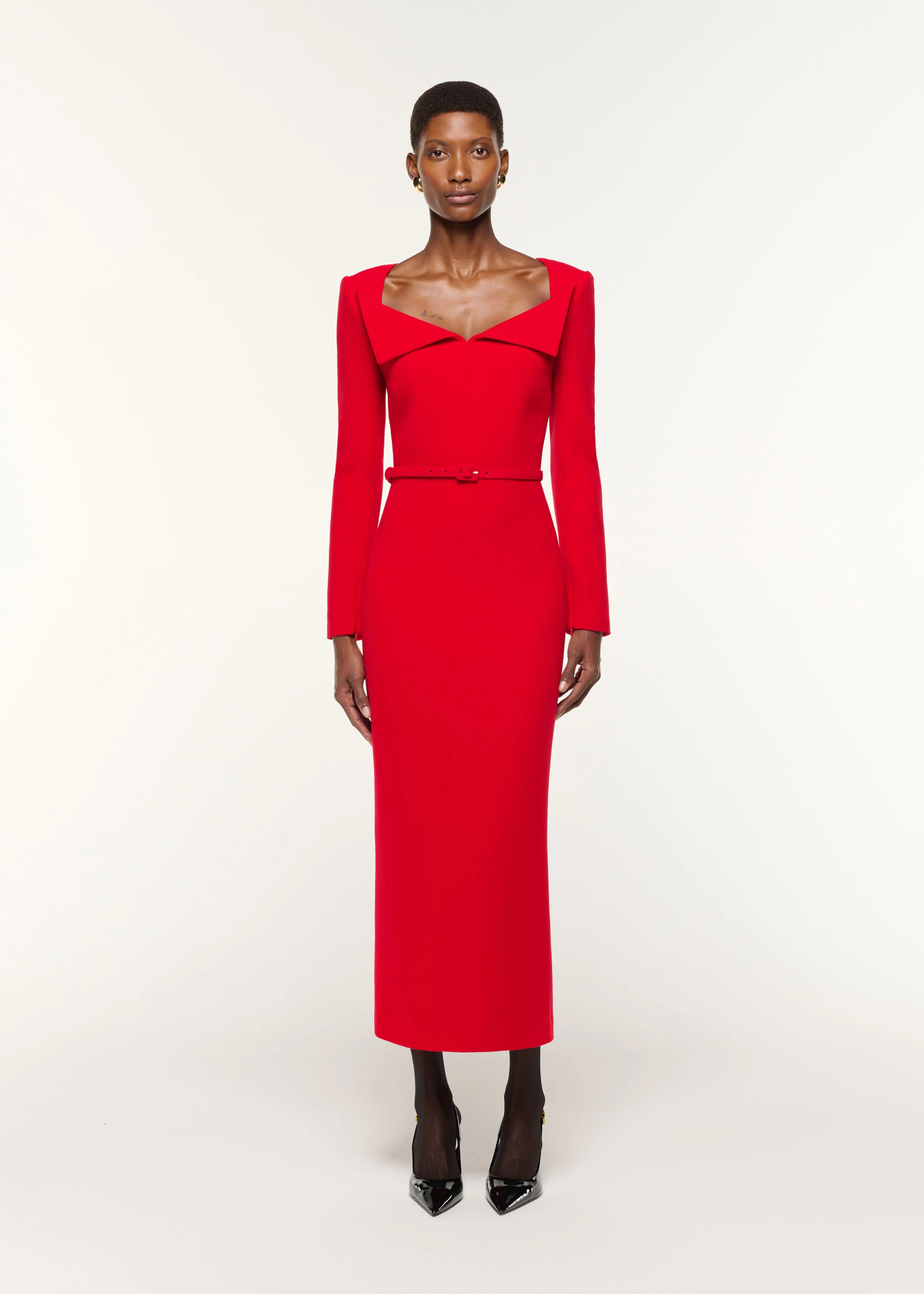 Square Neck Collar Fold Wool Crepe Dress