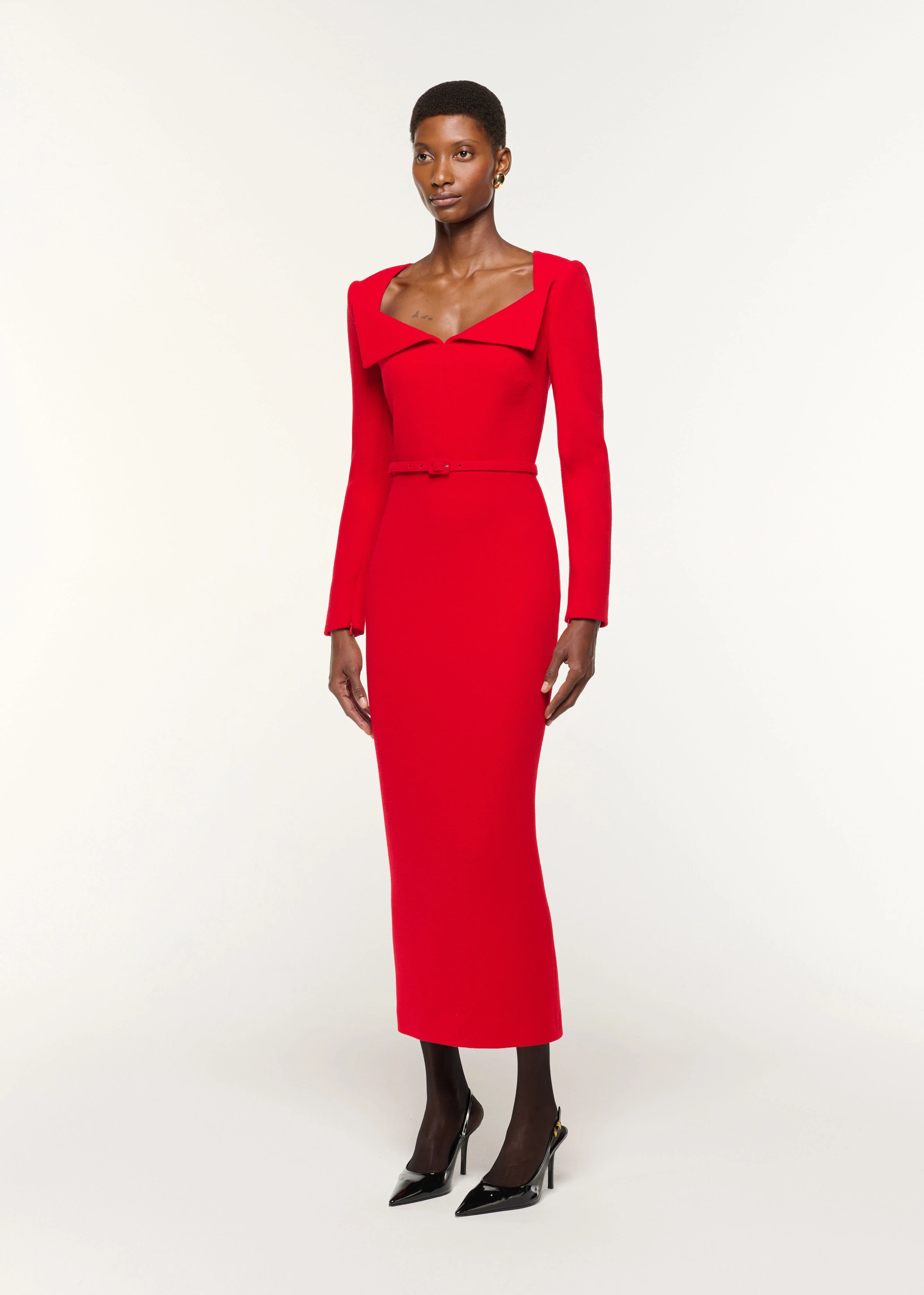 Square Neck Collar Fold Wool Crepe Dress - Image 2