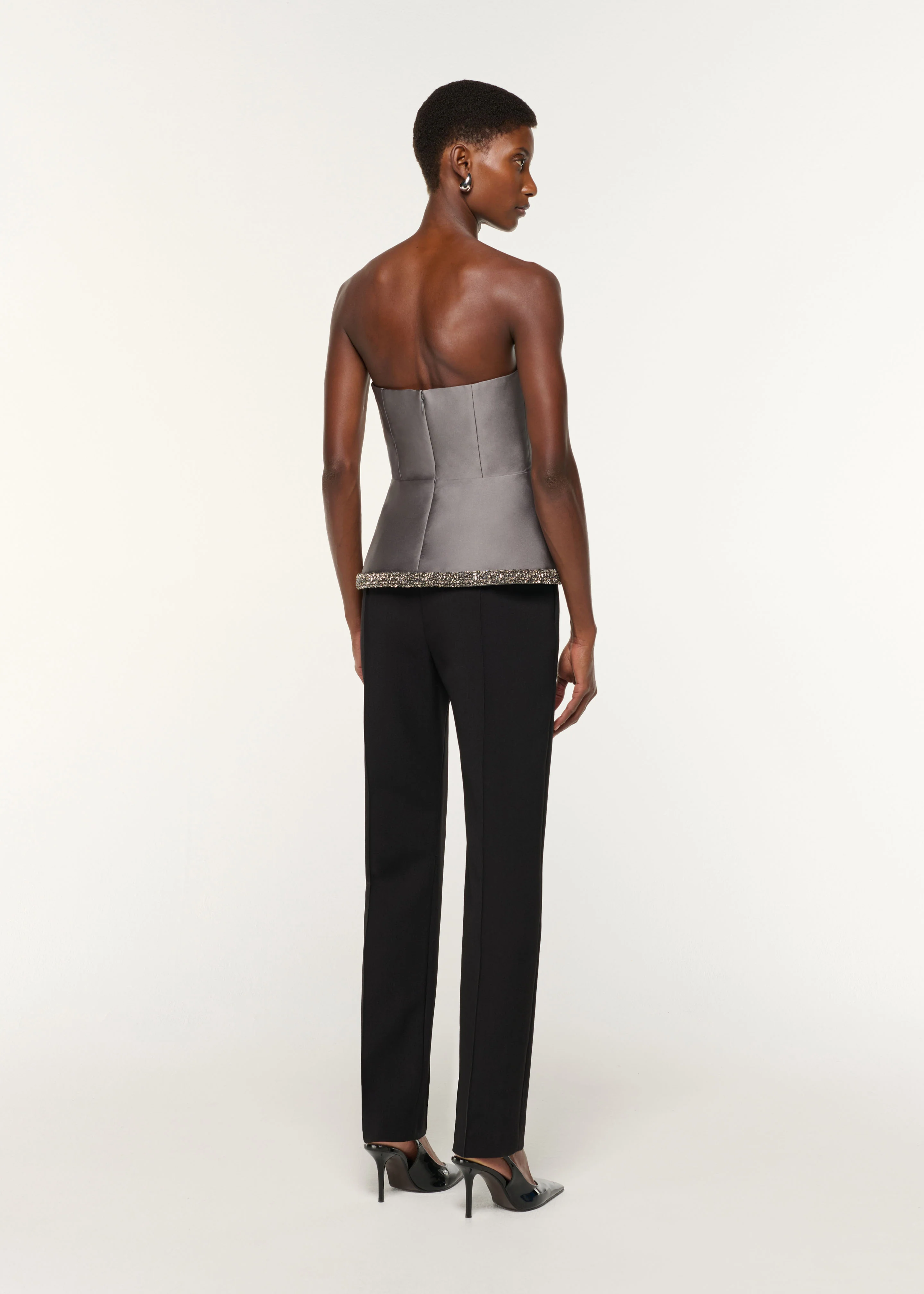 Square Neck With Crystal Trim Peplum Taffeta Top - Image 3