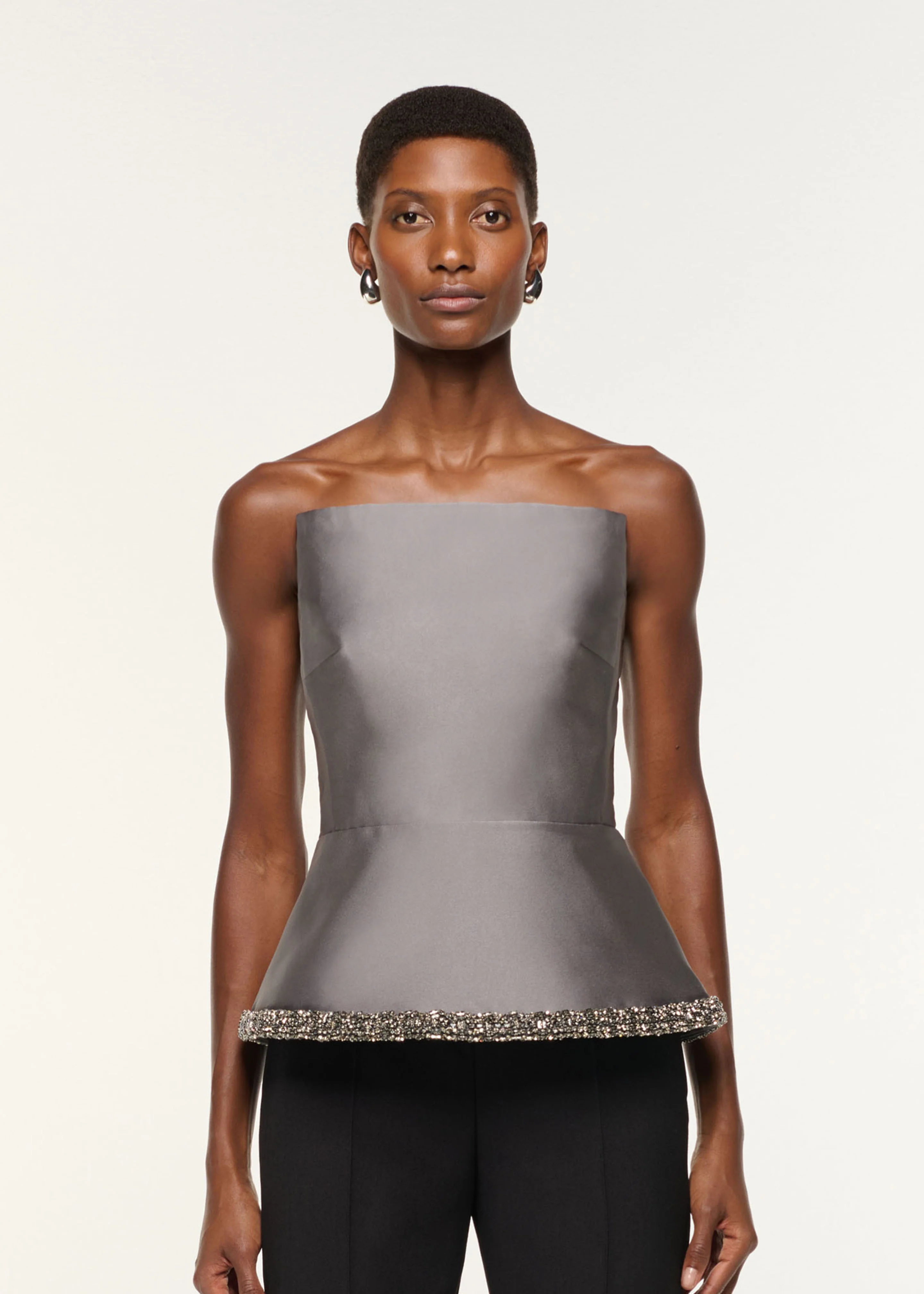 Square Neck With Crystal Trim Peplum Taffeta Top - Image 4