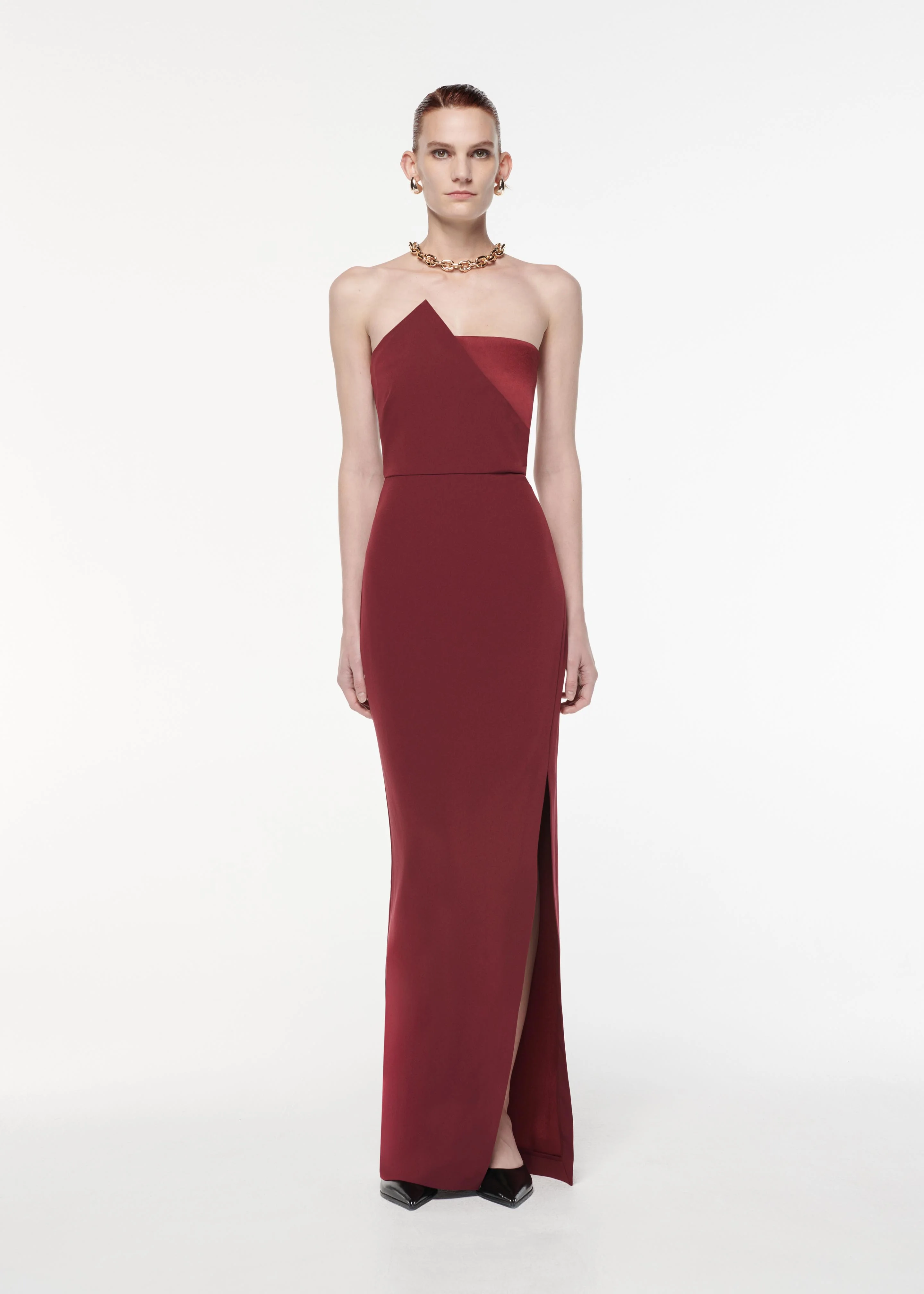 Strapless Asymmetric Satin Crepe Gown