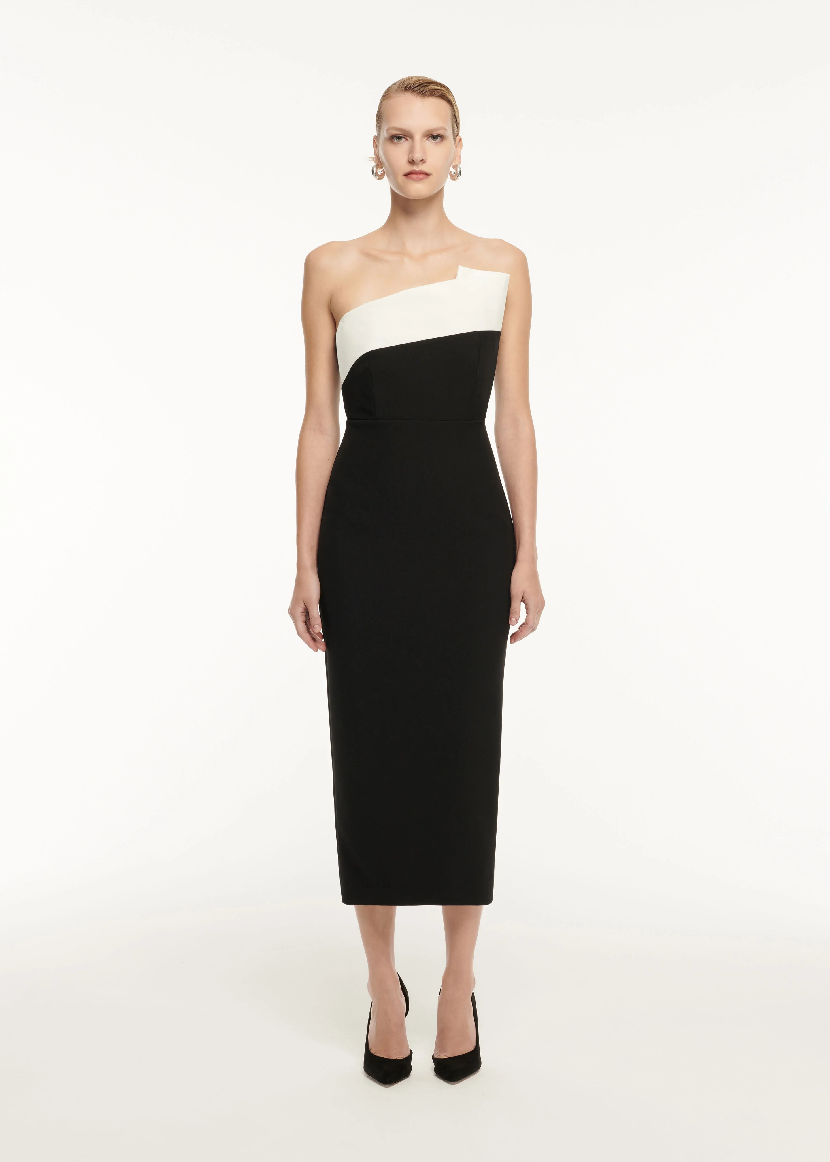 Strapless Drape Detail Crepe Midi Dress