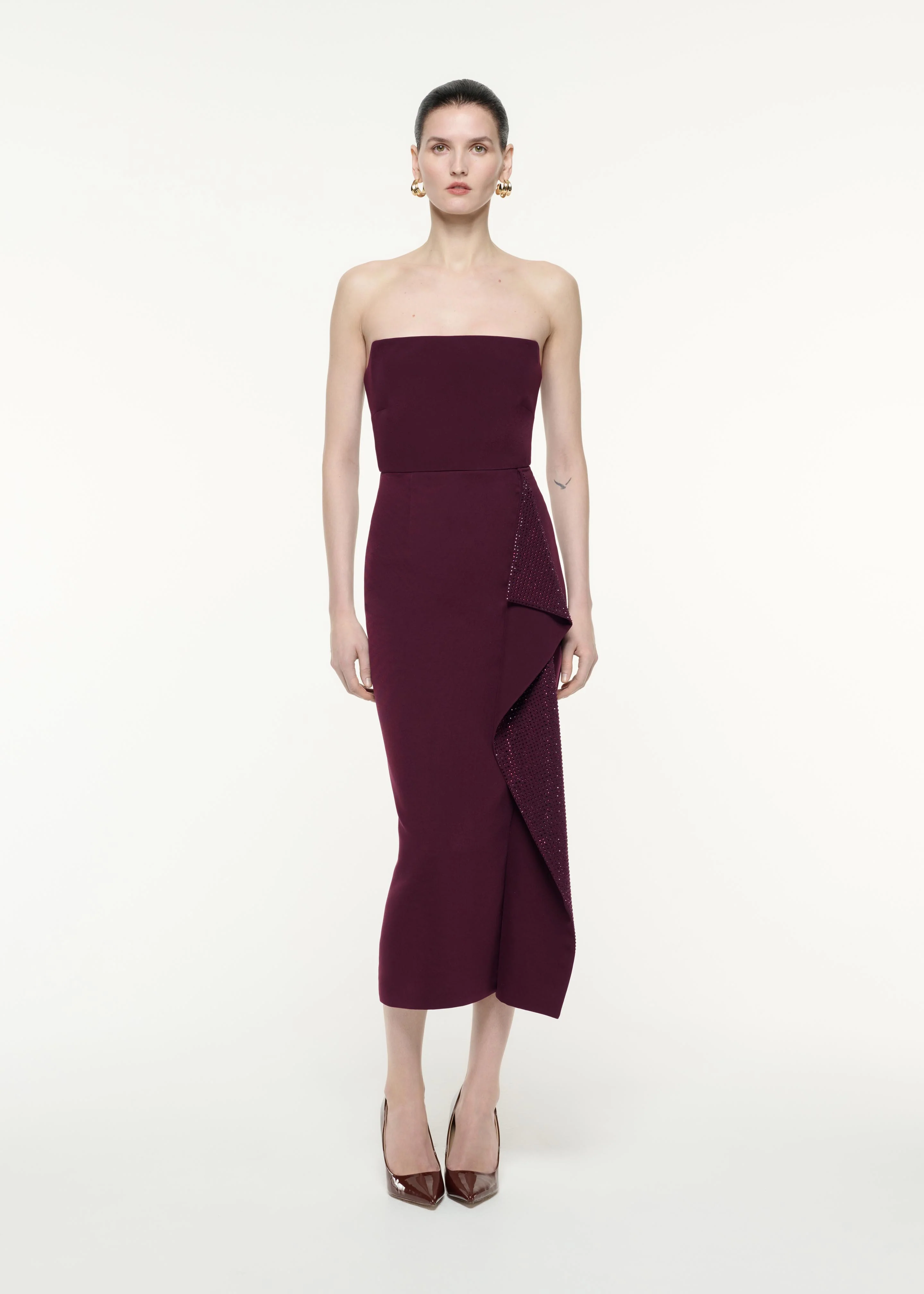Strapless Diamante Ruffle Midi Dress
