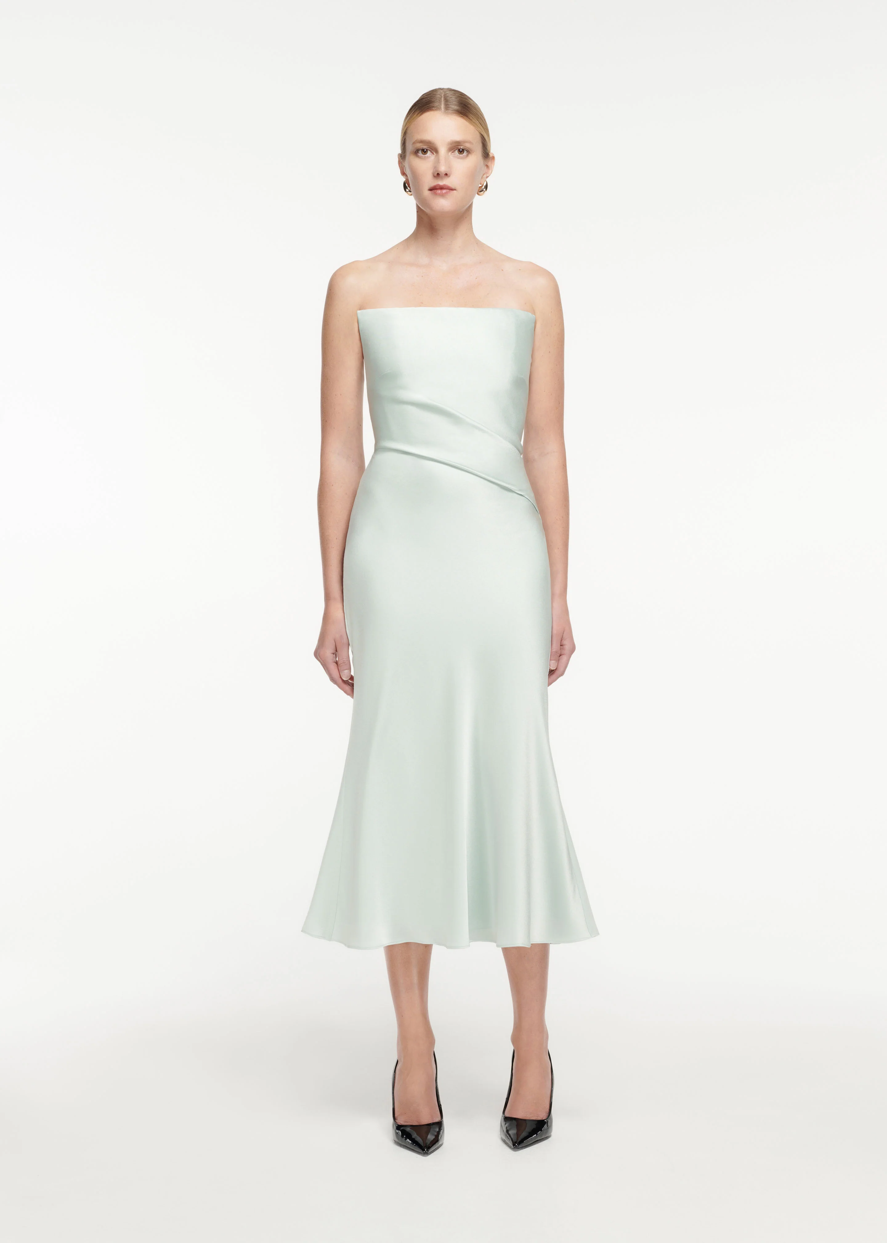 Strapless Satin Crepe Midi Dress