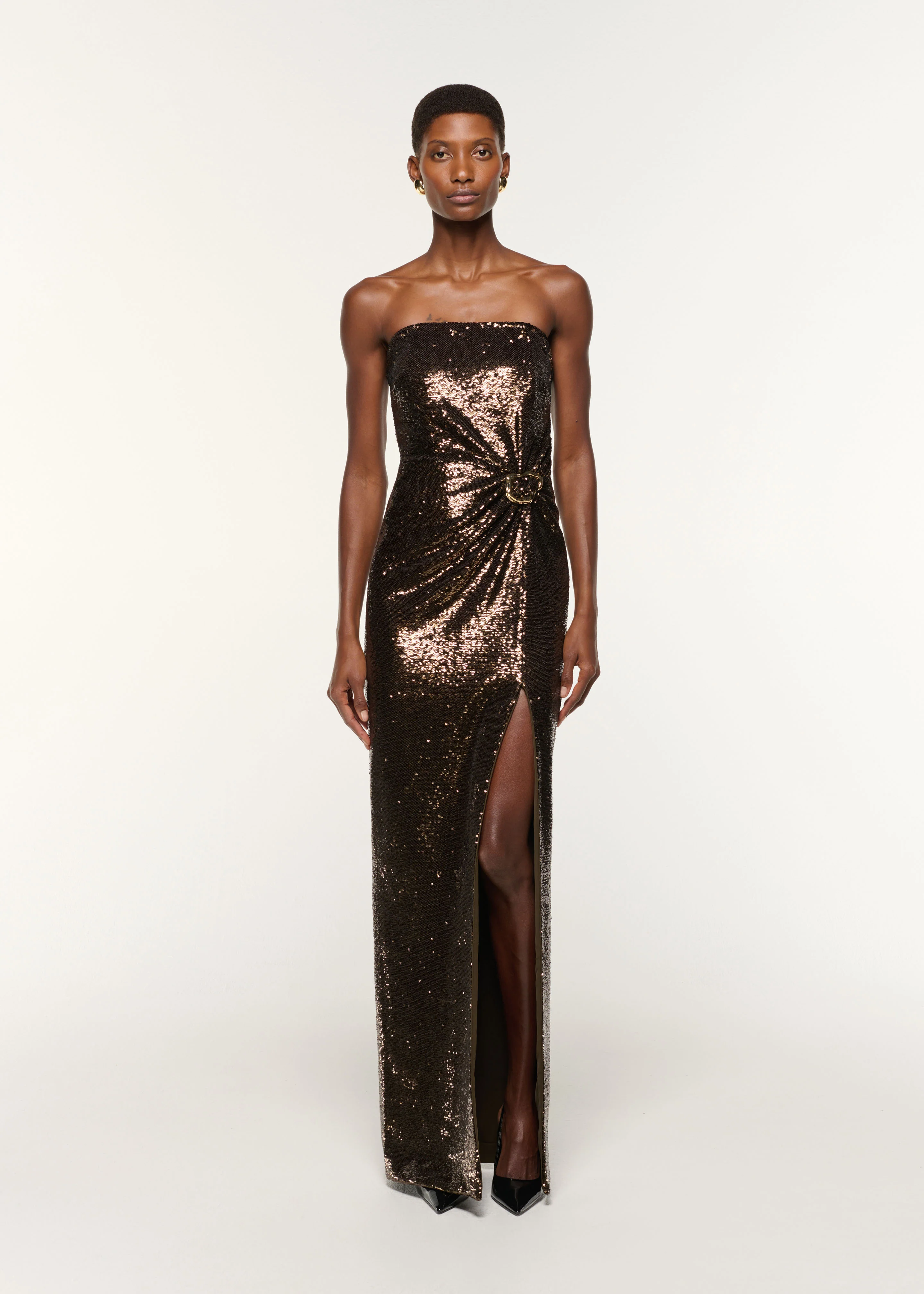 Strapless Sequin Buckle Gown