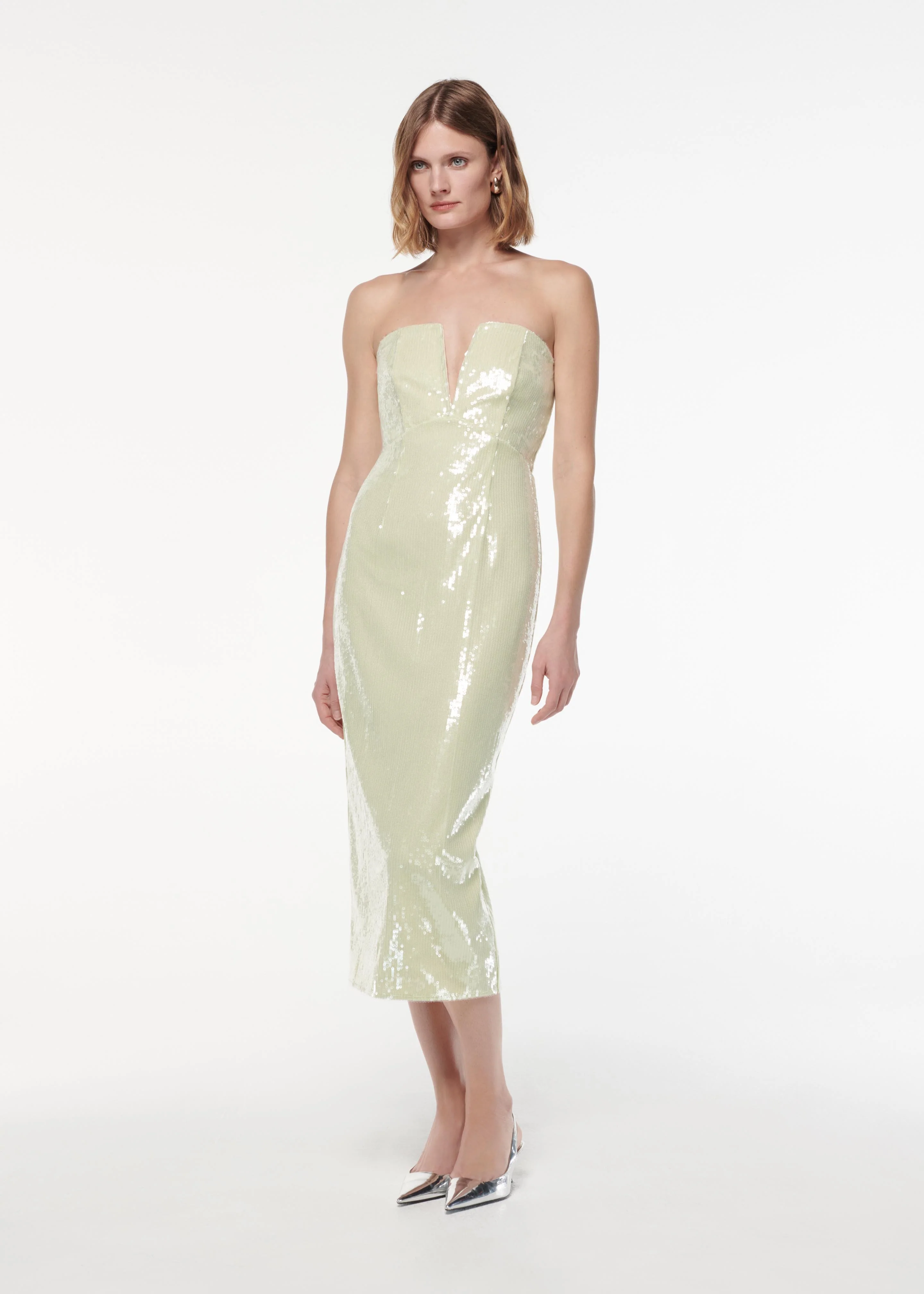 Strapless V Neck Sequin Midi Dress - Image 2