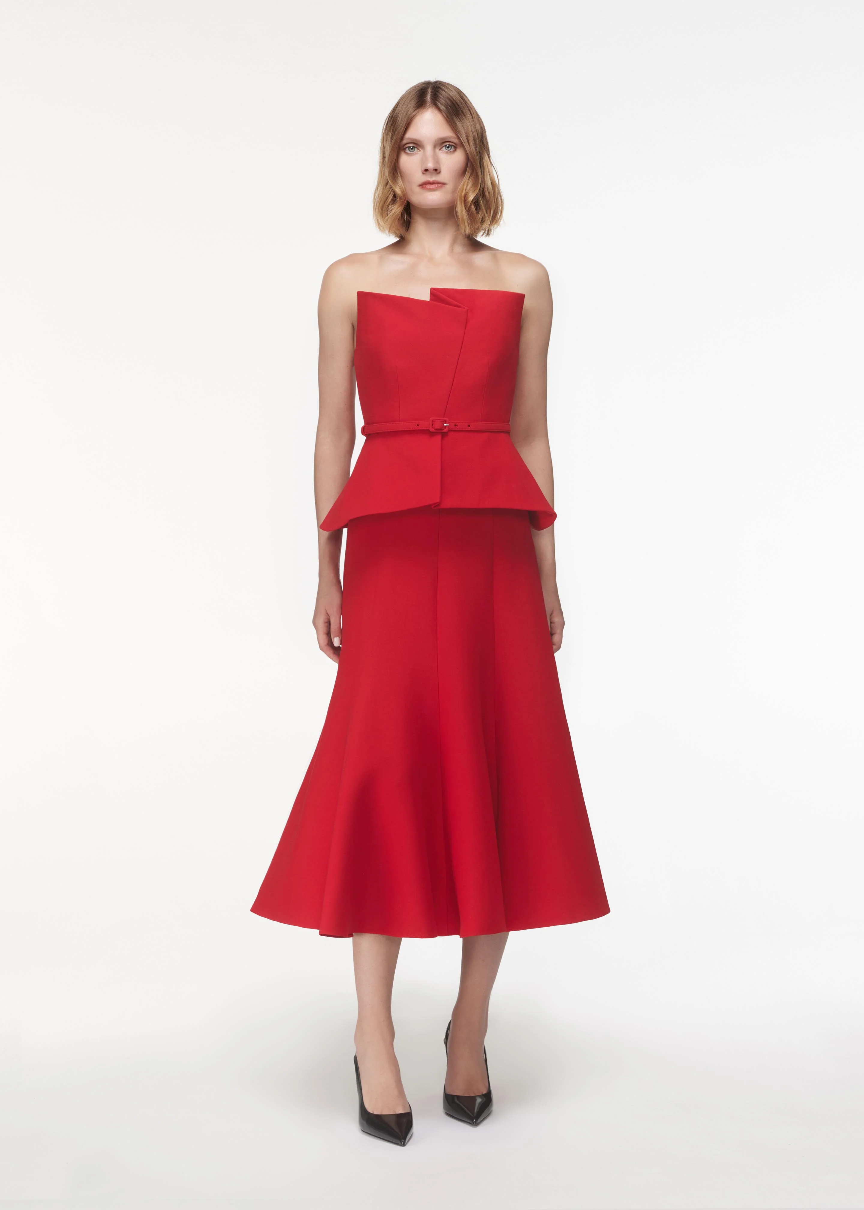 Strapless Wool Silk Peplum Midi Dress