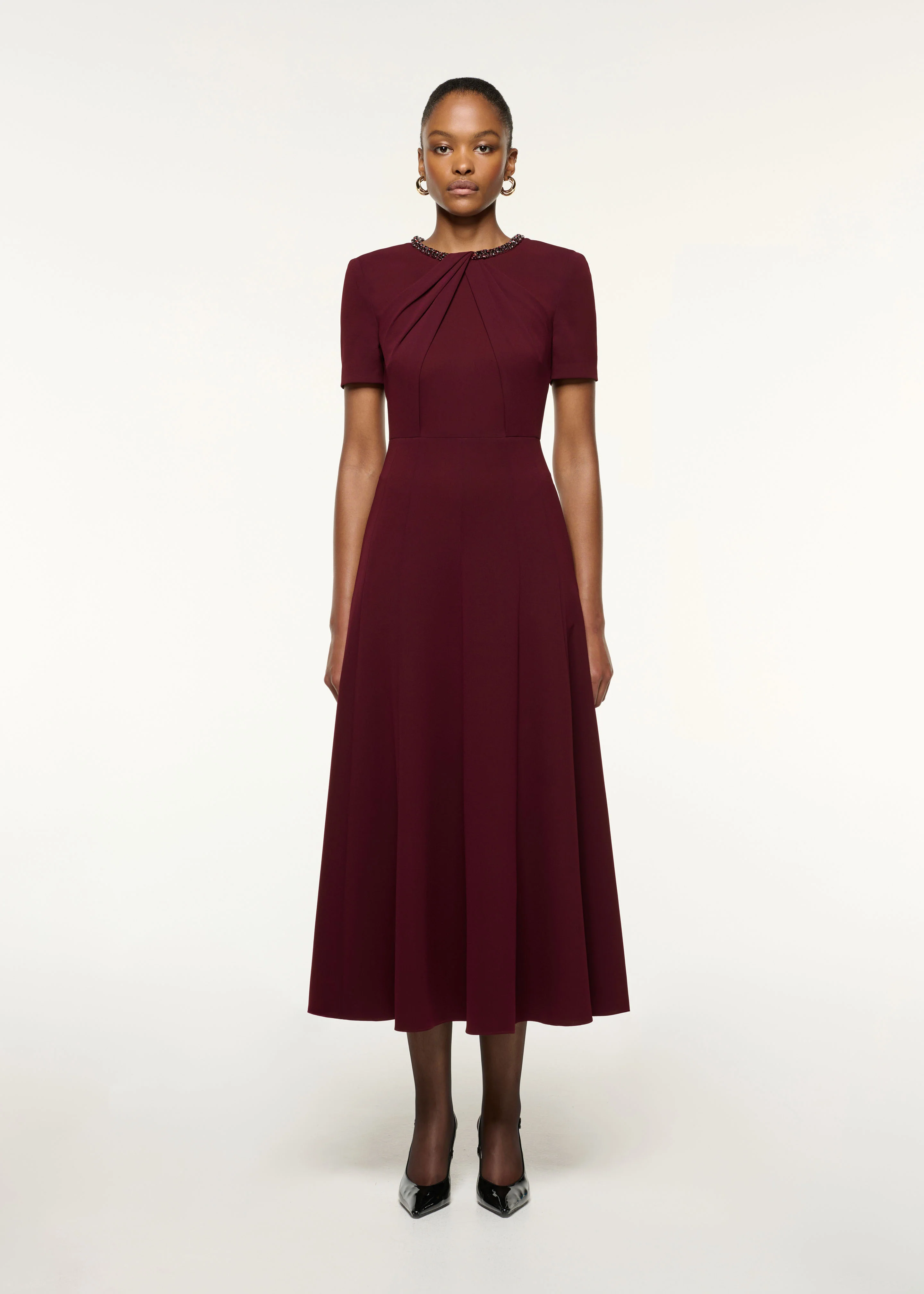 Twisted Drape Crystal Trim Neckline Dress