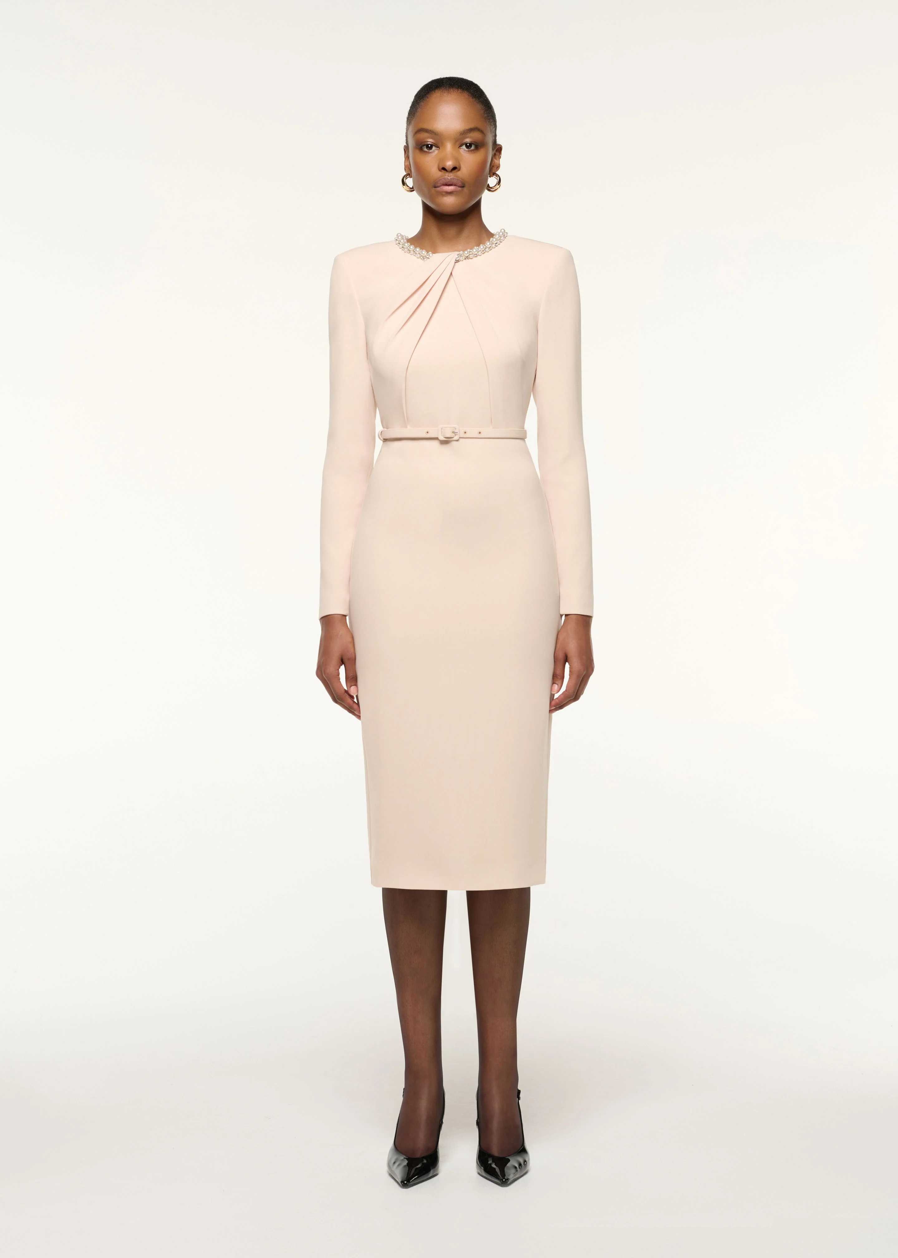 Twisted Drape Pearl Trim Neckline Dress