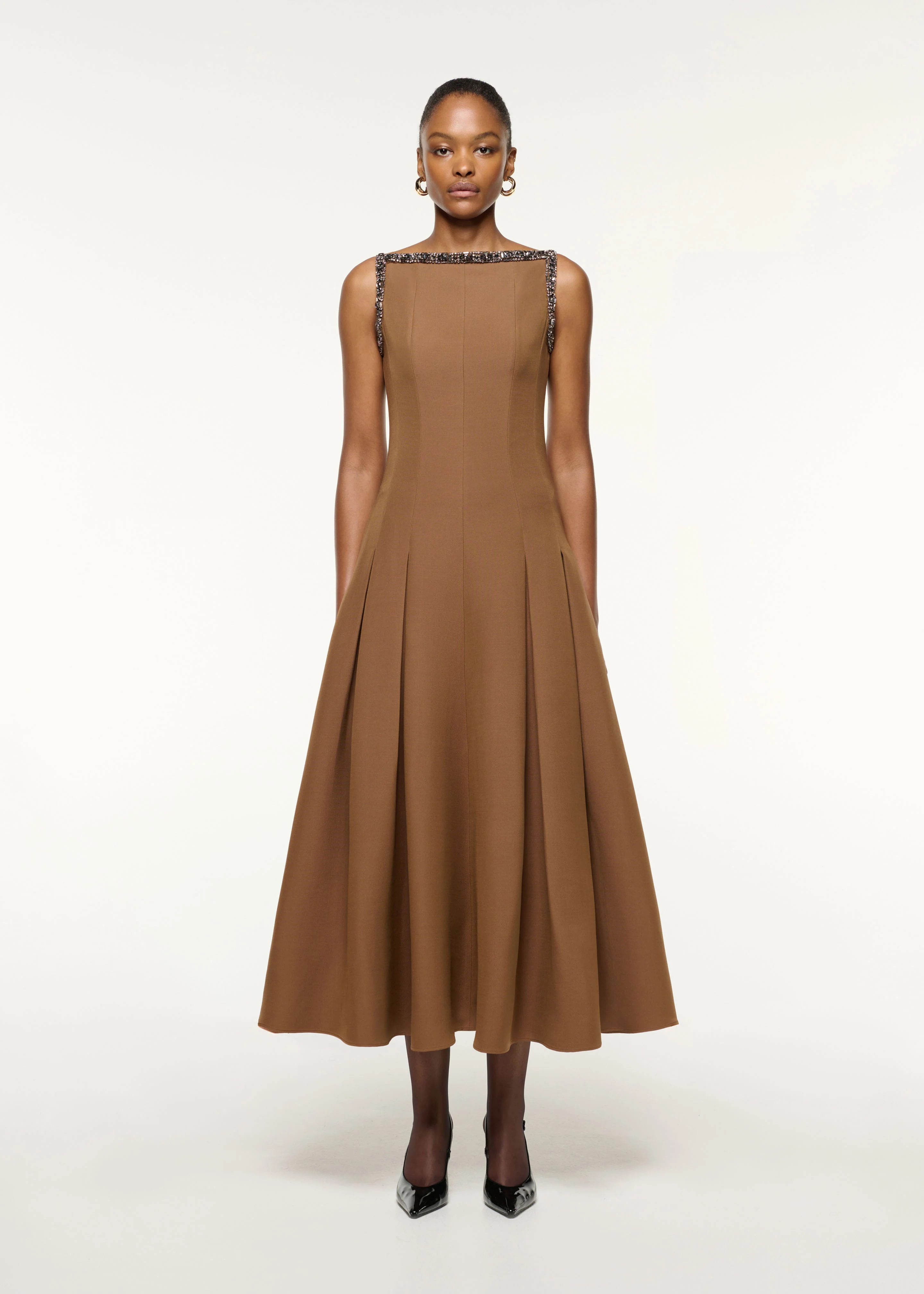 Wool Silk Crystal Trimmed Pleat Dress