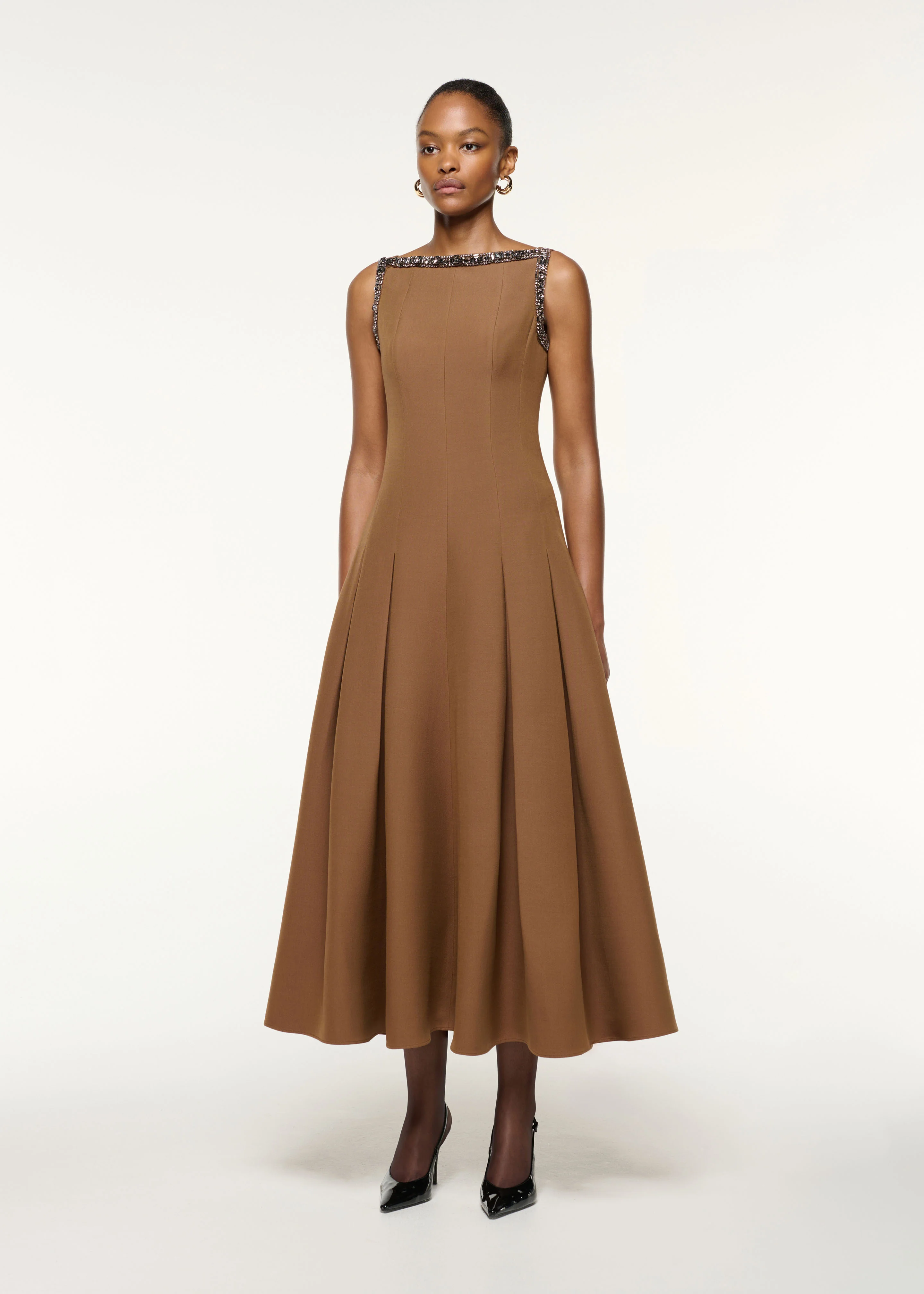 Wool Silk Crystal Trimmed Pleat Dress - Image 2